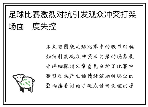 足球比赛激烈对抗引发观众冲突打架场面一度失控
