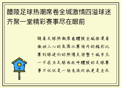 醴陵足球热潮席卷全城激情四溢球迷齐聚一堂精彩赛事尽在眼前
