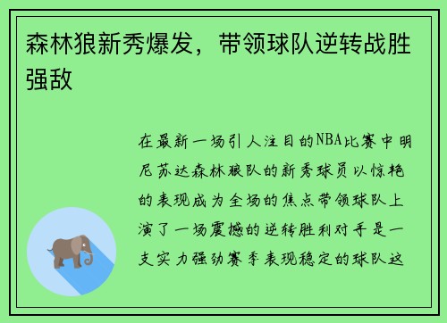 森林狼新秀爆发，带领球队逆转战胜强敌