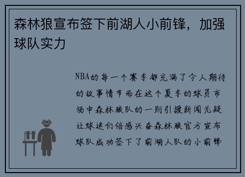 森林狼宣布签下前湖人小前锋，加强球队实力