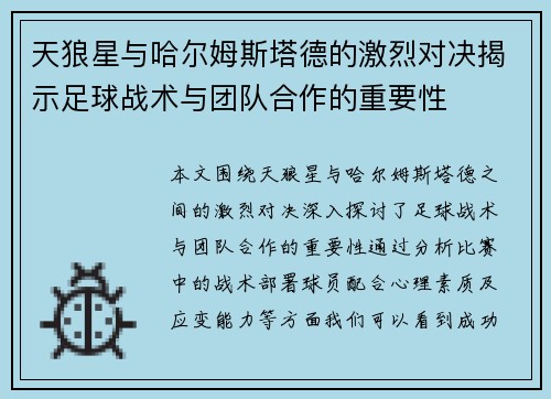 天狼星与哈尔姆斯塔德的激烈对决揭示足球战术与团队合作的重要性
