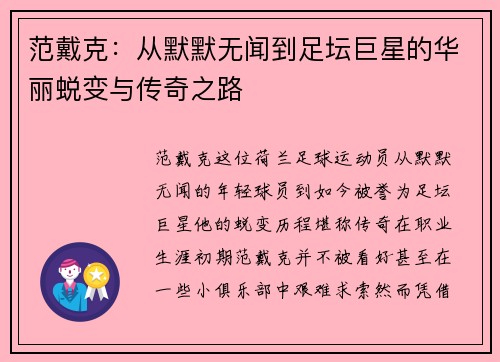 范戴克：从默默无闻到足坛巨星的华丽蜕变与传奇之路
