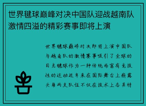 世界毽球巅峰对决中国队迎战越南队激情四溢的精彩赛事即将上演