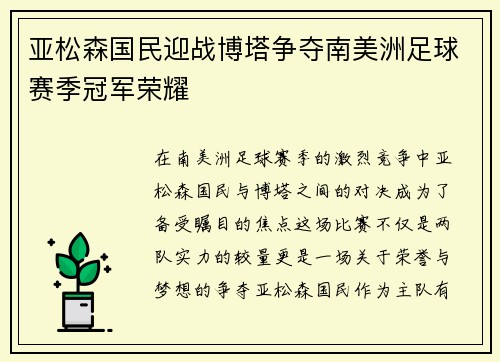 亚松森国民迎战博塔争夺南美洲足球赛季冠军荣耀