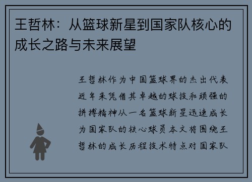 王哲林：从篮球新星到国家队核心的成长之路与未来展望