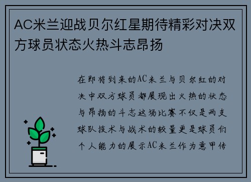 AC米兰迎战贝尔红星期待精彩对决双方球员状态火热斗志昂扬