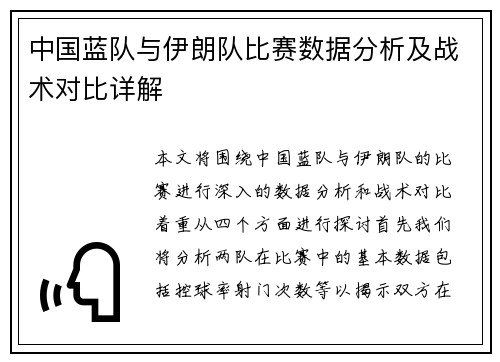 中国蓝队与伊朗队比赛数据分析及战术对比详解