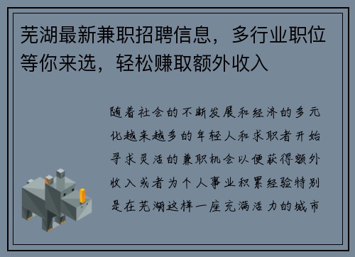 芜湖最新兼职招聘信息，多行业职位等你来选，轻松赚取额外收入